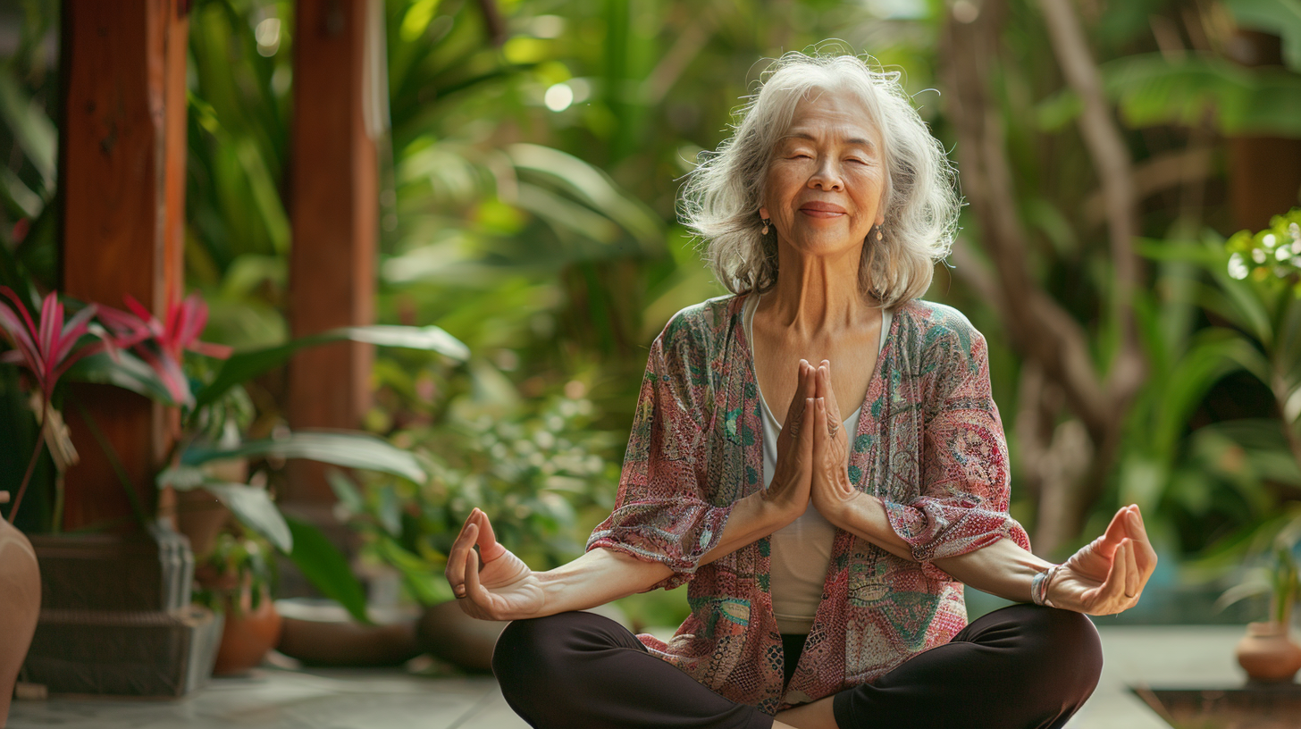 Starší muž medituje v parku